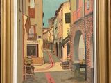 tableau représentant une scène de rue dans une ville, avec des bâtiments et un banc