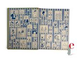 an open book with blue and white illustrations of people and animals