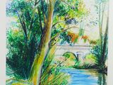 a drawing of a river with trees and a bridge in the background