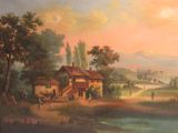 a painting of a country scene with a house and a river