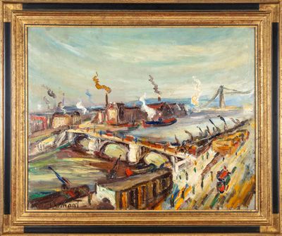 une peinture à l'huile d'une scène portuaire avec des bateaux dans l'eau