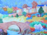 tableau représentant un pont enjambant une rivière, avec des maisons et des arbres