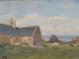 une vieille peinture représentant une église située sur une colline surplombant l'océan