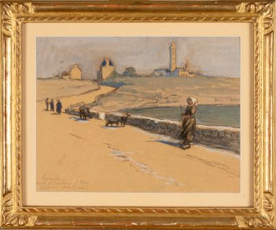 an image of a painting of a man walking on a beach