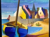 peinture représentant une peinture d'un bateau sur une plage, avec des bâtiments en arrière-plan
