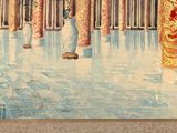a painting of a building with columns and a vase on the floor