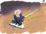 Gohan de Dragon Ball, tenant une épée dans chaque main