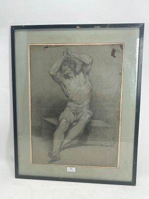 framed drawing of a man sitting on a bench with his hands on his head