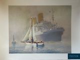 a painting of a sailboat on the water with a ship in the background