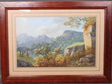 un tableau représentant un paysage de montagne avec un homme et un chien au premier plan