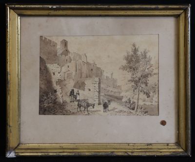 une vieille photo représentant un homme à cheval devant un château