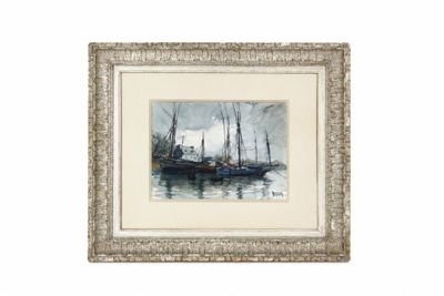 painting of a boat in a body of water with people on it