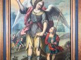 a painting of an angel and a child in a landscape