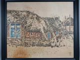 painting of a village with a thatched roof and a cow in the foreground