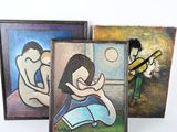 trois tableaux représentant un homme et une femme avec une guitare, ainsi qu'une femme avec une guitare