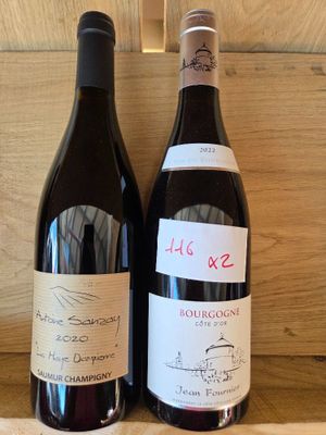deux bouteilles de vin posées sur une étagère l'une à côté de l'autre