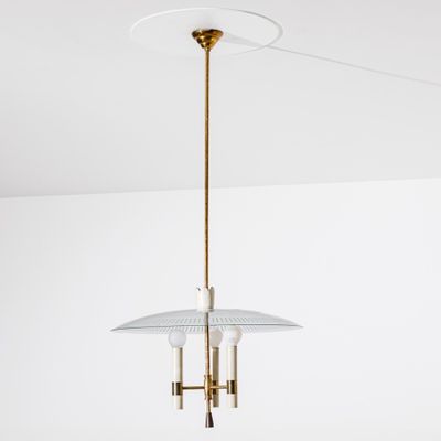 a white ceiling light with two lamps hanging from the ceiling