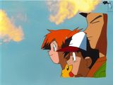 two pokemon characters are standing next to each other in front of a blue sky