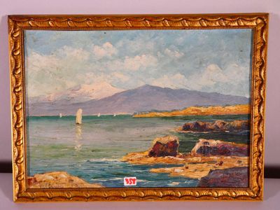 a painting of a sailboat on the water in a gold frame