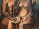 une peinture à l'huile représentant deux nus assis sur une chaise en bois
