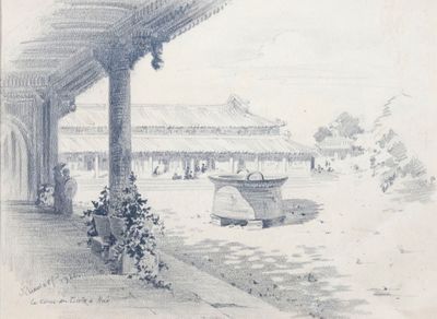 un dessin représentant un bateau sur l'eau, près d'un bâtiment