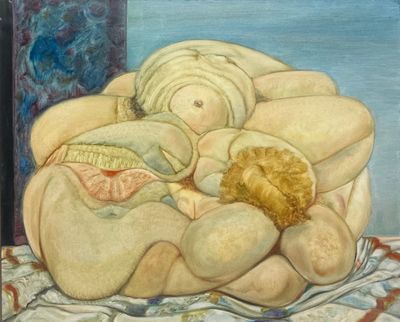 un tableau représentant une femme allongée sur un lit avec un ours en peluche