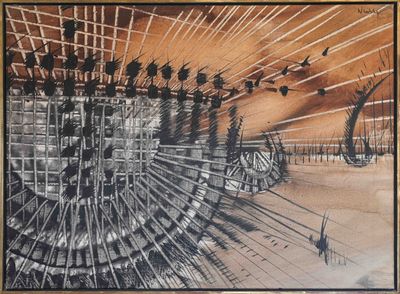 dessin représentant un tableau où l'on voit des oiseaux survoler une ville avec des immeubles