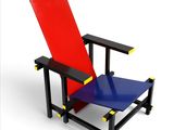 une chaise rouge et bleue posée sur un sol blanc