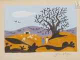 an image of a painting of a man and a dog in a field