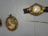 plusieurs bijoux, dont une montre, une broche et une épingle