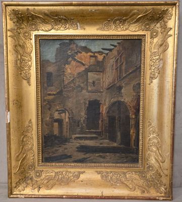 une vieille peinture représentant une scène de rue avec des bâtiments en arrière-plan