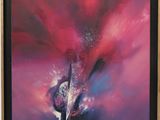 une peinture à l'huile représentant une fleur rose dans un vase noir