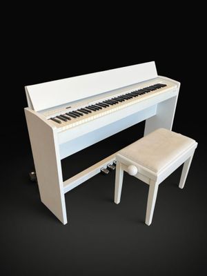 a white piano and a stool on a black background