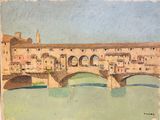 peinture d'un pont sur une rivière avec des bâtiments en arrière-plan