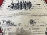 a picture of a red and white table cloth with a picture of a group of men on a cannon