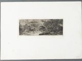 drawing of a landscape with trees and hills in the distance