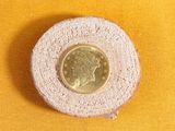 a small coin sitting on top of a piece of cloth