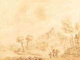 an old drawing of a village with a church in the background