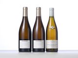 three bottles of wine are lined up on a table