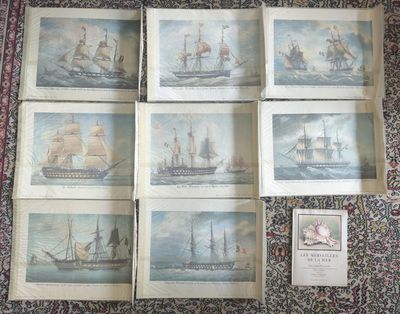 six gravures anciennes représentant des navires, exposées sur un tapis