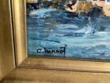 painting of a man swimming in a body of water with a dog
