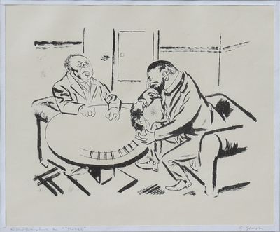 dessin représentant trois hommes assis à une table dans une pièce
