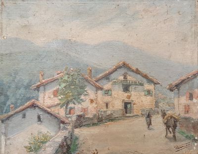 painting of a village scene with a horse and carriage in the foreground