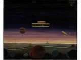 an image of a painting of a plane flying over a field with people watching
