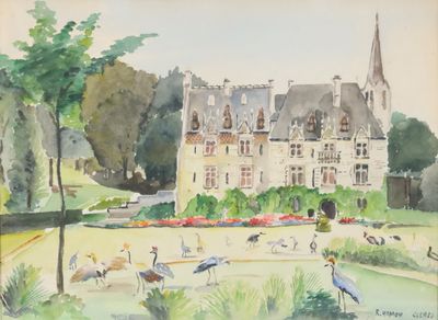 a painting of a large building with many birds in front of it