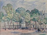 tableau représentant une vue d'un parc, avec une calèche au premier plan et un bâtiment à l'arrière-plan