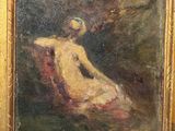 une peinture à l'huile représentant une femme assise sur une chaise devant un arbre