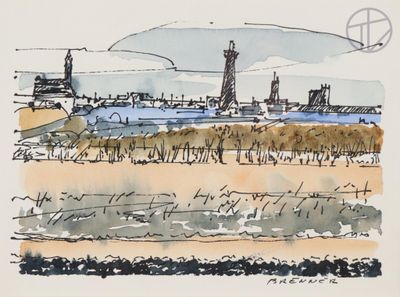 dessin représentant une vue d'une plage avec un phare et un plan d'eau