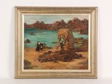 an oil painting of a beach scene with people on the shore