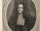 une vieille gravure représentant un homme aux cheveux longs, un livre à la main